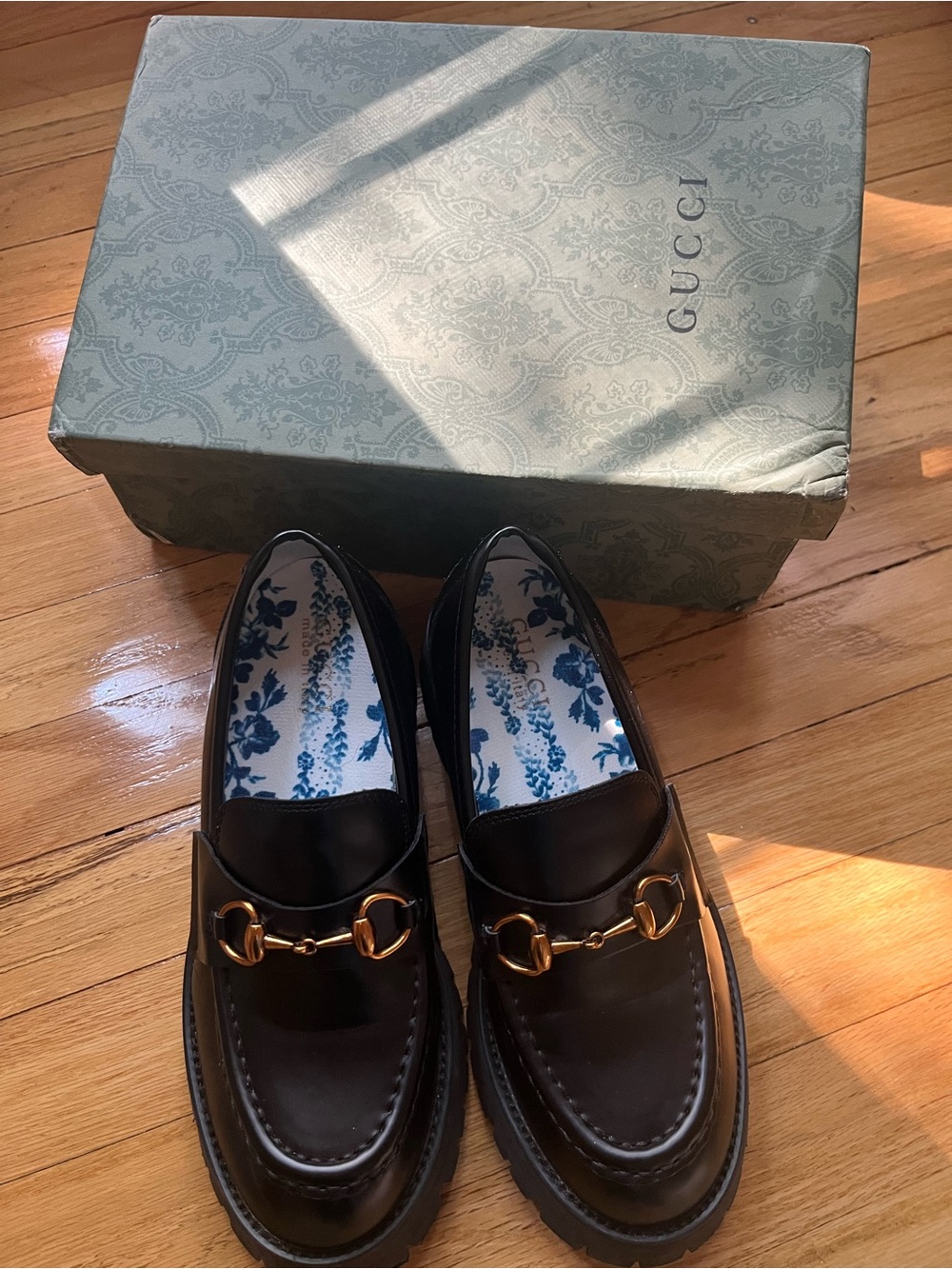 Gucci Black Leather Horsebit Lug Sole Loafers with Gold Hardware